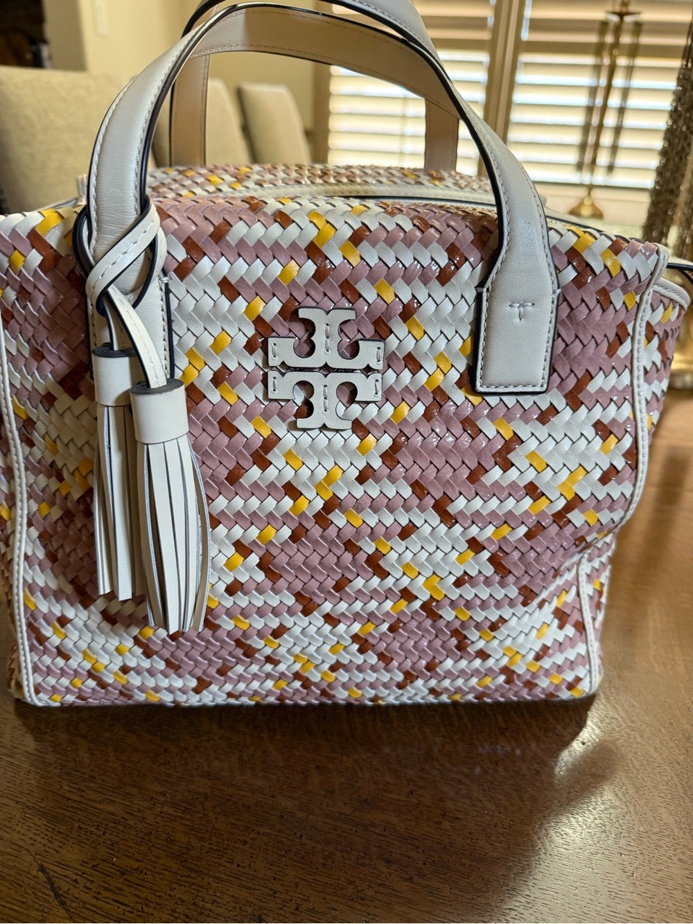 Tory Burch Pink, White & Yellow Woven Leather Satchel with Tassel